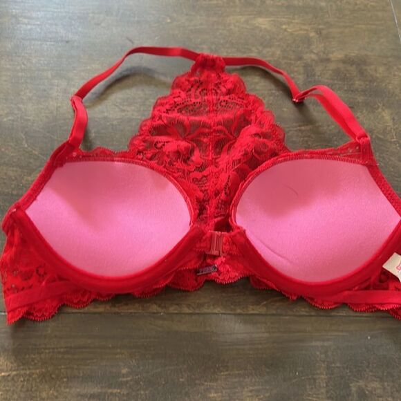 Pink Victorias Secret red lace date racerback wired bra padded Sz-32B - Picture 8 of 12